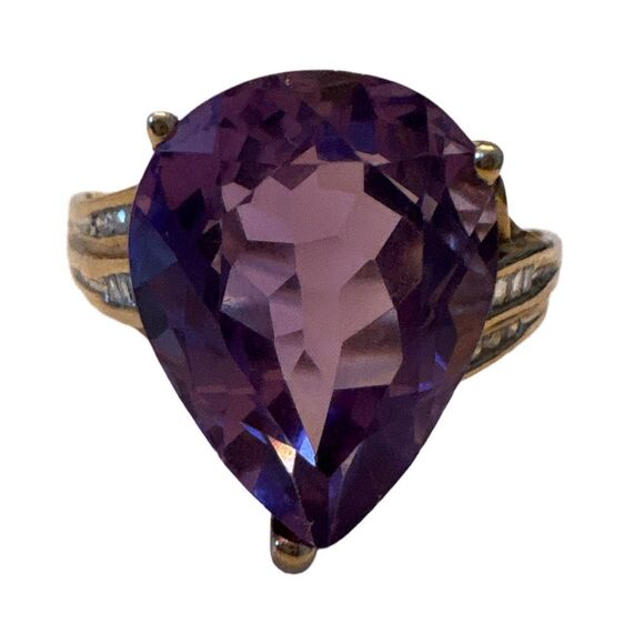 Estate Real Amethyst & Diamond 10k Yellow Gold Ring Size 8 Signed Women’s - Picture 4 of 13